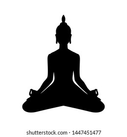 Yoga. Lotus position silhouette. Meditation or meditate vector illustration. Chakra concept. Buddha silhouette in lotus position over colorful ornate mandala. Buddhism esoteric motifs. 