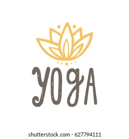 Yoga and lotus. Vector hand drawn lettering and illustration