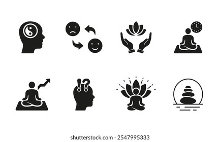 Yoga, Lotus, Zen Wellness and Meditate Relaxation Asana Exercise Silhouette Icon. Aromatherapy Icon. Healthy Lifestyle Icon. Isolated Vector Illustration.