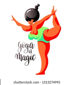 yoga is magic hand lettering with beautiful fitness woman figure characters, vector illustration