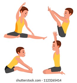 Yoga Male Vector. In Action. Meditation Positions. Flexible Girl. Cartoon Character Illustration