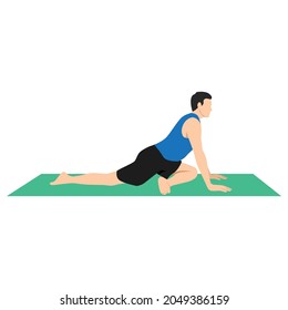 Yoga Man in Ardha Kapotasana or half pigeon pose. Male cartoon character practicing Hatha yoga. Man demonstrating exercise during gymnastics training. Flat vector illustration.