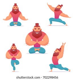 Yoga man in different poses. Cartoon character design hipster meditation posture