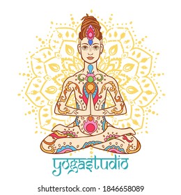Yoga man with dreadlock. Ornament beautiful art. Concept of meditation. Geometric element hand drawn. Vector illustration for design for logo, banner flyers. India ethnic style Yoga pose with mandala