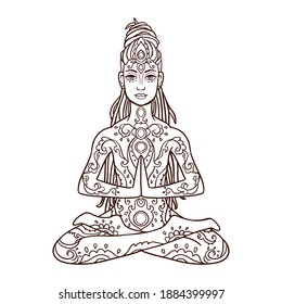Yoga man with dreadlock. Ornament beautiful line art. Concept of meditation.
