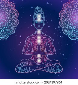Yoga man with dreadlock. Ornament beautiful esoteric Concept of meditation. Geometric element hand drawn. Vector illustration 