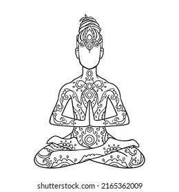 Yoga man with dreadlock. Ornament beautiful line art. Concept of meditation. Geometric element hand drawn. Vector illustration for design for logo, banner flyers. Yoga pose with mandala and chakras