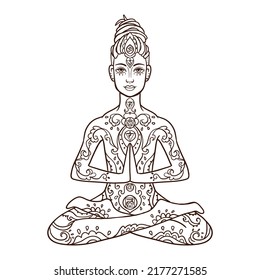 Yoga Mann mit Dreadlock. Ornament schöne Linie Kunst. Konzept der Meditation. Geometrisches Element, handgezeichnet. Vektorgrafik für Logo-Design, Banner-Flyer. Indische Volkswirtschaft 