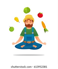 Yoga man farmer in the lotus position with fruits and vegetables. isolated on white background. Vector illustration.