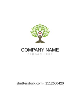 Yoga Man Heart Tree Leaf Herbal Vector Logo