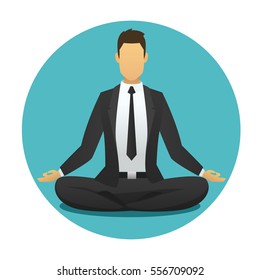 Yoga man icon. businessman meditates in lotus position. meditation logo flat design. Spiritual energy. lotus position meditator business man round background. Harmony, relax. vector yoga illustration.