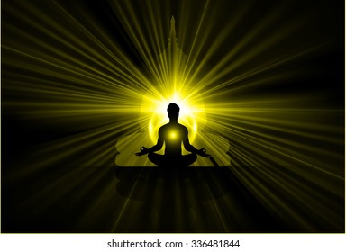 Yoga man meditate dark yellow abstract ray background