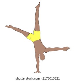 Yoga man one line drawing on white isolated background. Handstand vector illustration