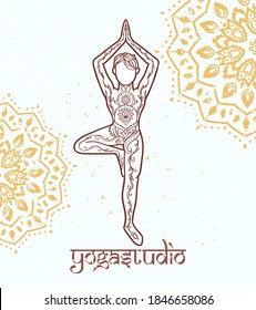 Yoga man. Ornament beautiful Concept of meditation. Geometric element hand drawn. Vector illustration for design for logo, banner flyers. India, ethnic style Boy in yoga pose with mandala. Breathe