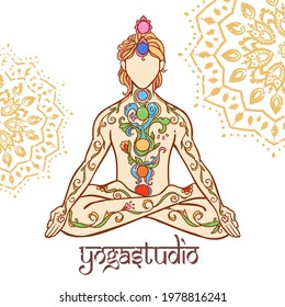 Yoga man. Ornament beautiful Concept of meditation. Geometric element hand drawn. Vector illustration for design for logo, banner flyers. India, ethnic style Lotus pose with mandala. Breathe
