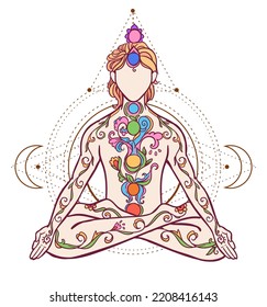 Yoga man. Ornament beautiful Concept of meditation. Geometric element hand drawn. Vector illustration for design for logo, banner flyers. India, ethnic style Lotus pose with mandala. Breathe