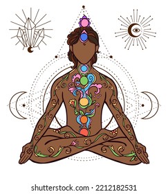 Yoga man. Ornament beautiful Concept of meditation. Geometric element hand drawn. Vector illustration for design for logo, banner flyers. India, ethnic style Lotus pose with mandala. Breathe