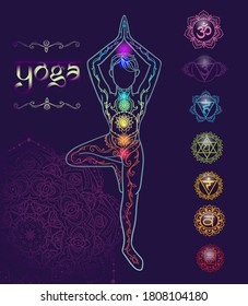 Yoga man. Ornament beautiful esoteric Concept of meditation. Geometric element hand drawn. Vector illustration for design for logo, banner flyers. India ethnic style Yoga pose with mandala and chakras