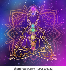 Yoga man. Ornament beautiful esoteric Concept of meditation. Geometric element hand drawn. Vector illustration for design for logo, banner flyers. India ethnic style Yoga pose with mandala and chakras