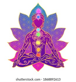 Yoga man. Ornament beautiful esoteric Concept of meditation. Geometric sacred geometry. Vector illustration for design for logo, banner flyers. India ethnic style Yoga pose with mandala and chakras