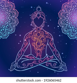 Yoga man. Ornament beautiful esoteric Concept of meditation. Geometric element hand drawn. Vector illustration for design for logo, banner flyers. India ethnic style Yoga pose with mandala and chakras
