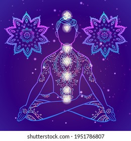 Yoga man. Ornament beautiful esoteric Concept of meditation. Geometric element hand drawn. Vector illustration for design for logo, banner flyers. India ethnic style Yoga pose with mandala and chakras