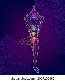 Yoga man. Ornament beautiful esoteric Concept of meditation. Geometric element hand drawn. Vector illustration for design for logo, banner flyers. India ethnic style Yoga pose with mandala and chakras
