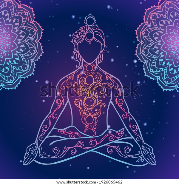 Yoga man. Ornament beautiful esoteric Concept of\
meditation. Geometric element hand drawn. Vector illustration for\
design for logo, banner flyers. India ethnic style Yoga pose with\
mandala and chakras