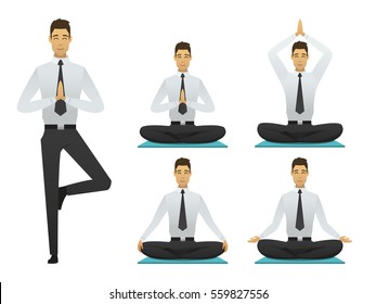 Yoga man poses illustration. set meditation logo flat design. sitting, meditator business man. vector resting person isolated with white background.