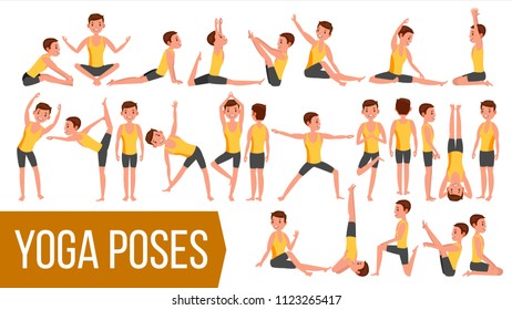 Yoga Man Poses Set Vector. Relaxation And Meditation. Stretching And Twisting. Practicing. Body In Different Poses. Cartoon Character Illustration
