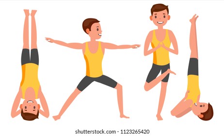 Yoga Man Poses Set Vector. Girl. Poses. Doing Yoga Workout. Flat Cartoon Illustration
