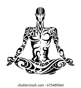 Yoga man Silhouette. Hand drawn vector illustration. Meditation in lotus pose Padmasana 