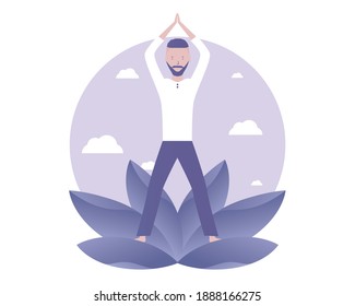  Yoga. A man stands in pose and holds his balance. Vector illustration for telework, remote working and freelancing, business, start up, social media and blog
