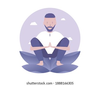 Yoga. A man stands in pose and holds his balance. Vector illustration for telework, remote working and freelancing, business, start up, social media and blog