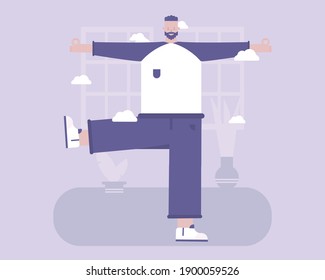 Yoga. A man stands in pose and holds his balance. Vector illustration for telework, remote working and freelancing, business, start up, social media and blog