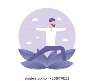 Yoga. A man stands in warrior pose and holds his balance. Vector illustration for telework, remote working and freelancing, business, start up, social media and blog
