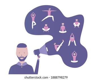 Yoga. A man talk about meditation and yoga balances. Vector illustration for telework, remote working and freelancing, business, start up, social media and blog
