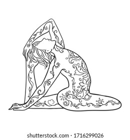 Yoga man. Vector illustration line drawing Ornament beautiful card. Pose isolated on background. Medallion, yoga, india, arabic consent.