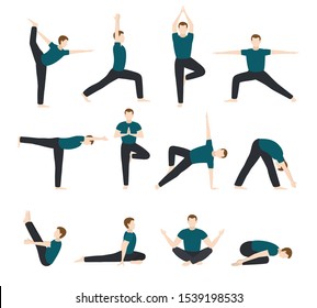 Yoga man vector men yogi character training flexible exercise pose illustration male set of healthy person lifestyle workout with manlike meditation balance relaxation, isolated on white background.