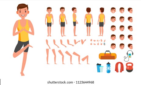 Yoga Man Vector. Prenatal Yoga Animated Character Creation Set. Man Full Length, Front, Side, Back View, Accessories, Poses, Face Emotions, Gestures. Isolated Flat Cartoon Illustration
