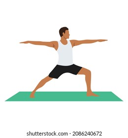 Yoga Man in Virabhadrasana 2 oder Krieger II posieren. Männlicher Cartoon-Charakter, der Hatha Yoga praktiziert. Mann, der während des Gymnastiktrainings Sport demonstriert. Flache Vektorgrafik.