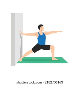 Yoga Man in Virabhadrasana 2 or Warrior II pose. Male cartoon character practicing Hatha yoga. Man demonstrating exercise during gymnastics training. Flat vector illustration.