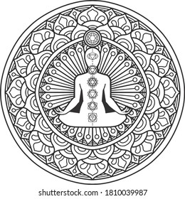 yoga mandala design for coloring page and t-shirt print