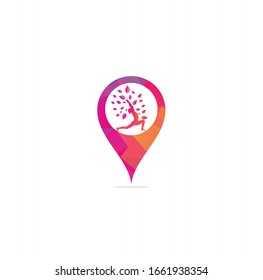 Yoga map pin shape concept logo design stock. human meditation in lotus flower vector illustration.Yoga logo design template. Cosmetics icon and Spa logo. Yoga Pose Vector	