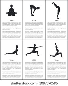 Yoga master silhouette, postures collection banner, back bend, warrior and up dog, crescent moon and forward hold poses, woman sitting in lotus pose