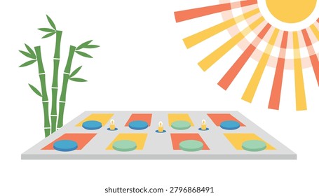 Yoga mat arranged with circular cushions and lit candles beside bamboo stalks and a sun icon, creating a serene environment for meditation and spiritual wellness.