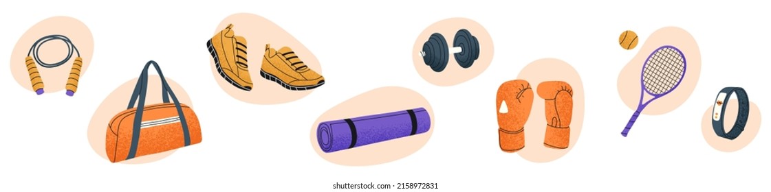 Estera de yoga, bolsa, cuerda para saltar, zapatillas, raqueta. Paquete de material de entrenamiento. Inventario deportivo variado. Ilustración vectorial plana aislada.