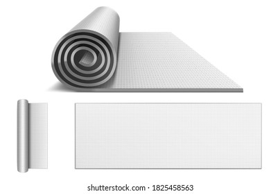 Yoga mat, carpet from rubber foam for pilates, sport training and meditation. Vector realistic mockup of gym equipment, rolled up and spread out blank mattress for yoga, fitness and exercise top view