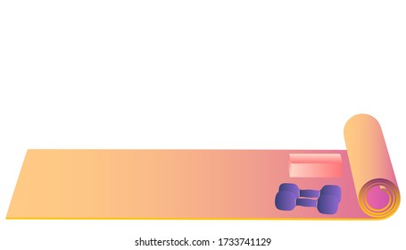 Yoga mat and dumbbells. Yoga, pilates equipment set up background. Gym mat with dumbbells and yoga brick. vector illustration of yoga, fitness workout equipment 