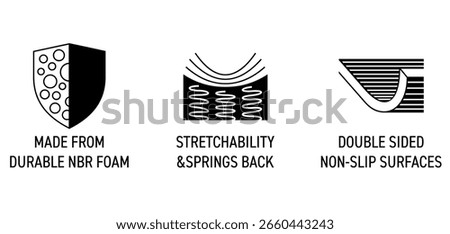 Yoga mat features icons set - Double Sided Non-slip Surfaces, Made from Durable NBR foam, Excellent Stretchability and Springs Back. Pictograms for labeling in monochrome style